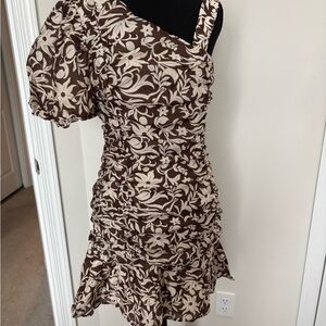 TCEC One-Shoulder Brown Floral Ruched Dress with Puff Sleeve